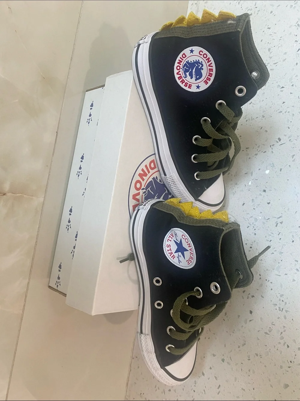 Converse Dinoverse. Black High-Top Sneakers with Olive Laces and Yellow Trim